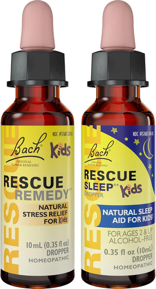 Kids Day & Night Bundle, Bach RESCUE Remedy Kids Dropper [and] RESCUE Sleep Kids Dropper- 2-Pk, Stress Relief & Sleep Support with Natural Flower Esssences, Homeopathic, Non-Alcohol Formula, 10mL Ea