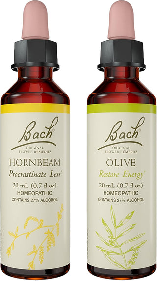 Bach Original Flower Remedies 2-Pack, Be Mentally Alert" - Olive, Hornbeam, Homeopathic Flower Essences, Vegan, 20mL Dropper x2