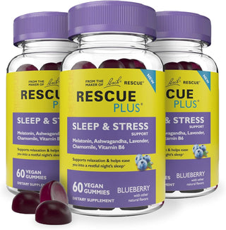 RESCUE Bach Plus Sleep & Stress Support Gummies, Nighttime Dietary Supplement with 1mg Melatonin, Ashwagandha, Chamomile, Lavender & Vitamin B6, Natural Blueberry Flavor, Vegan & Gluten-Free, 3 Pack,